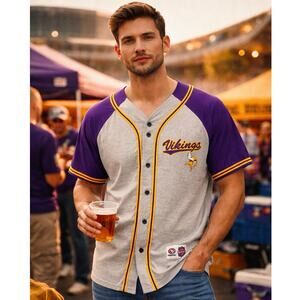 Minnesota Vikings True Fan Baseball Style Jersey Shirt XL Gray Purple Retro